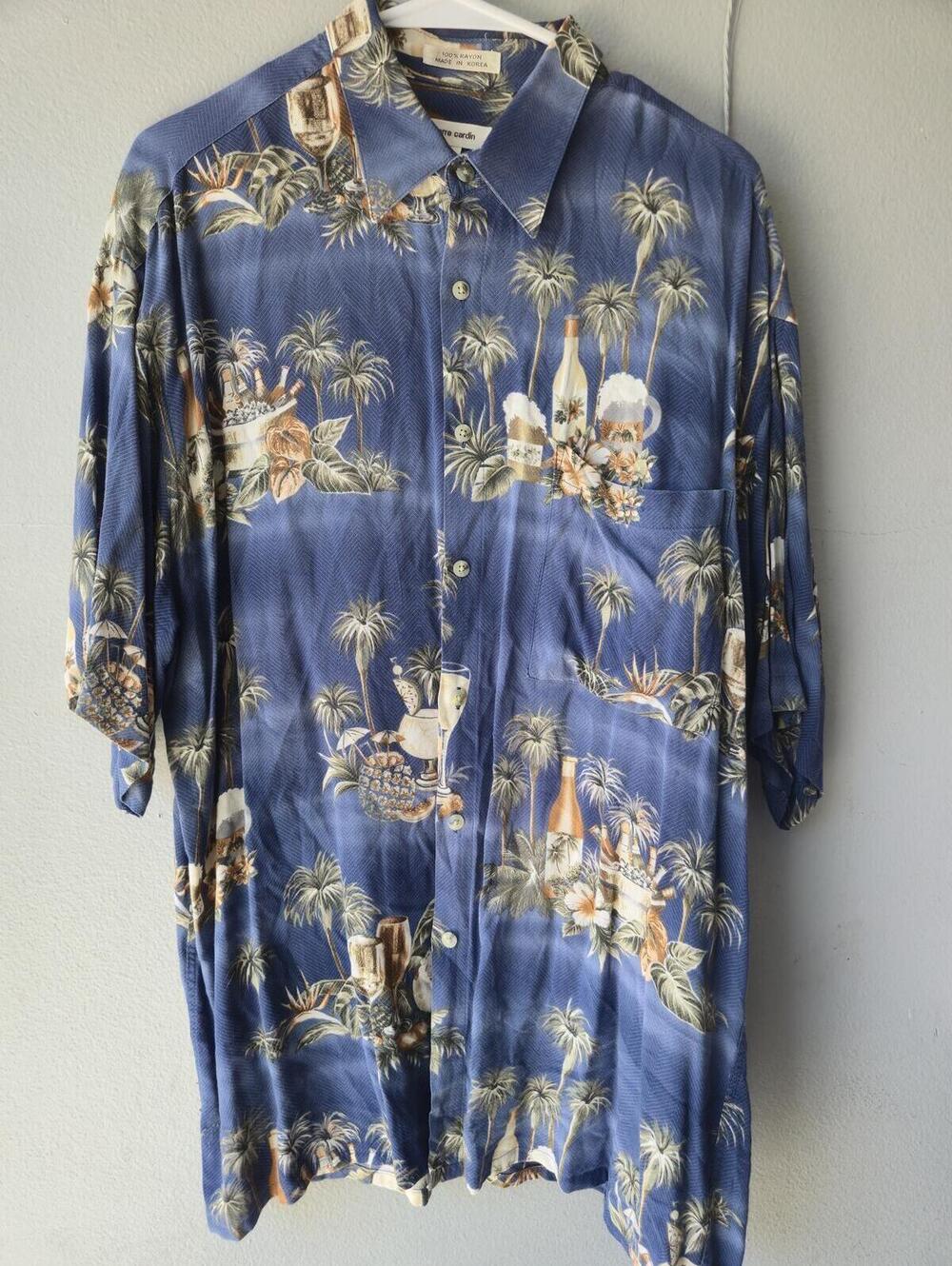 Pierre Cardin Blue Rayon Hawaiian Shirt Mens Size Large